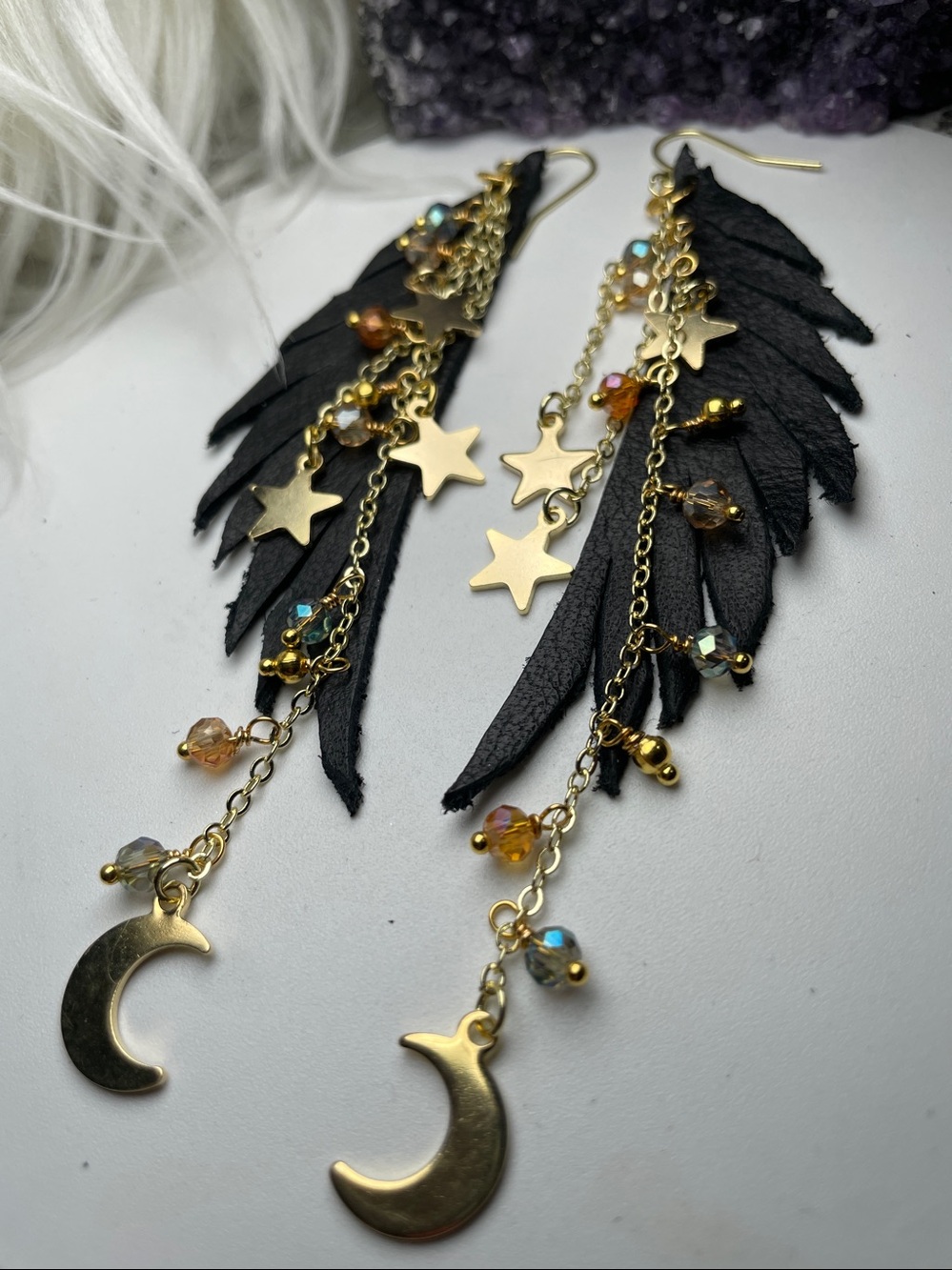 Black Leather Raven Wings & Gold Star Moon Drop Fringe Boho Earrings | Artisan - Picture 8 of 16